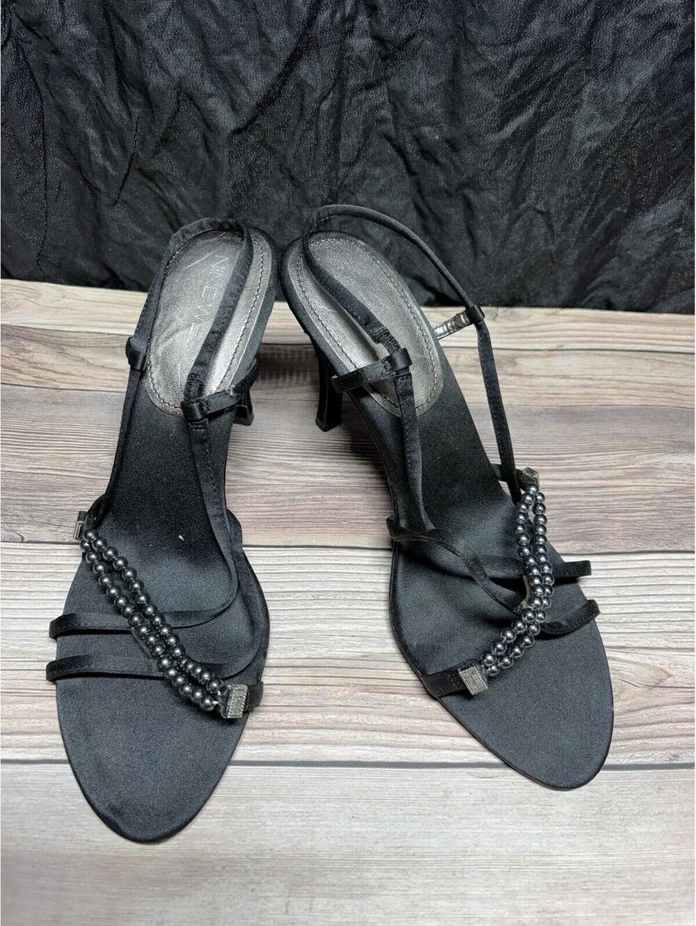 NINE WEST Black Satin & Stones Slingback Heels Size 7.5 M